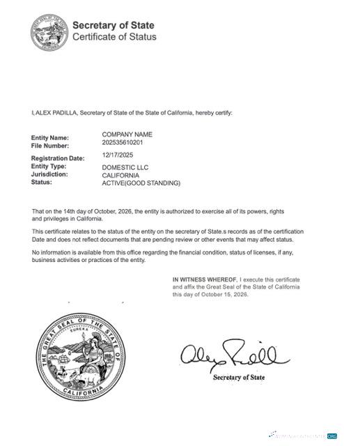 USA California certificate of good standing Word and PDF template, version 2